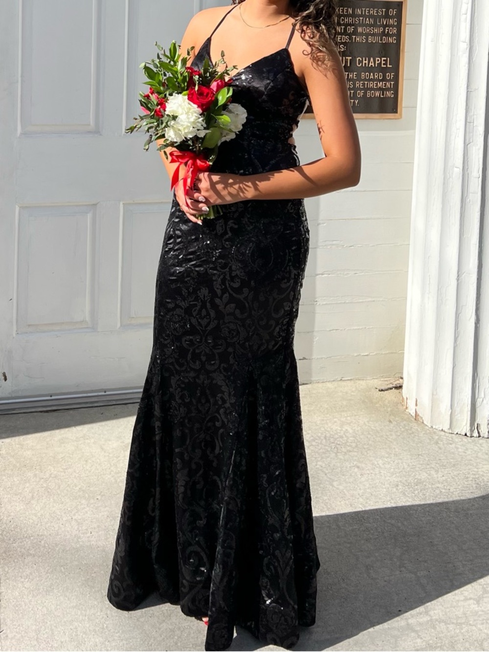 Black Sequin Criss Cross Back Prom Dress